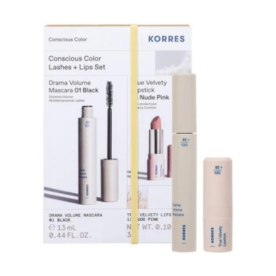 KORRES tusz do rzęs volcanic minerals mascara drama volume 01 black 11ml + pomadka nude